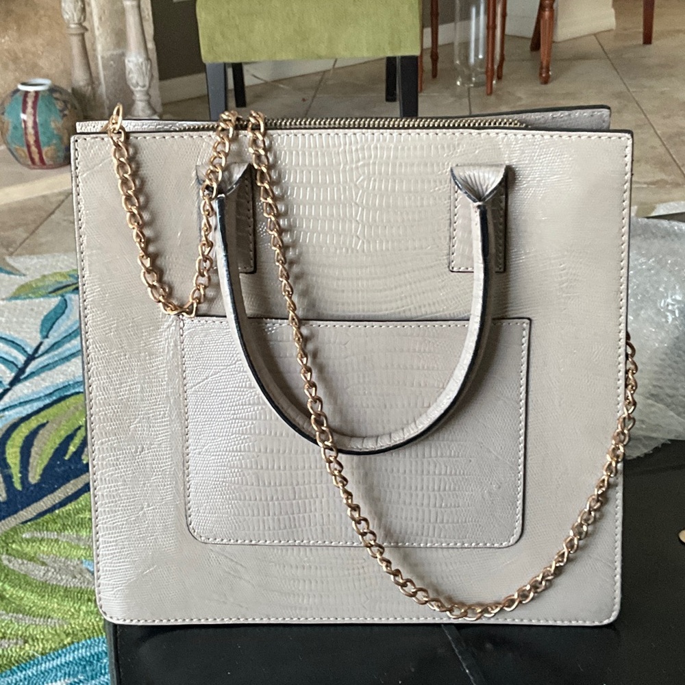Structured Cream Croc-Texture Tote with Gold Chain Strap